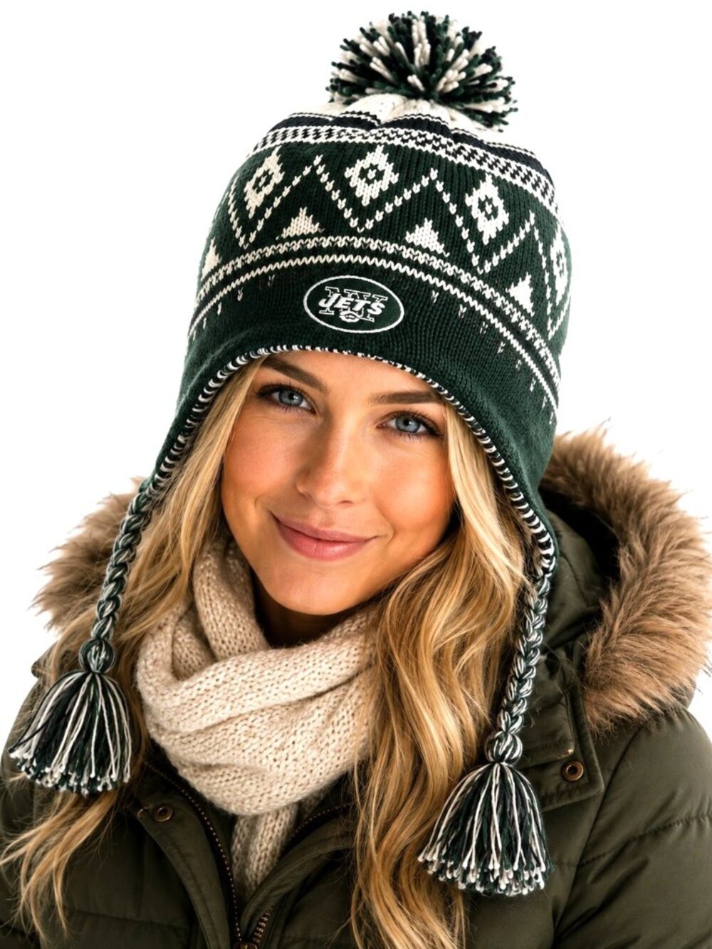 NEW YORK JETS Hat Peruvian Beanie Knit Pom Cap Ear Flap Embroidered Logo